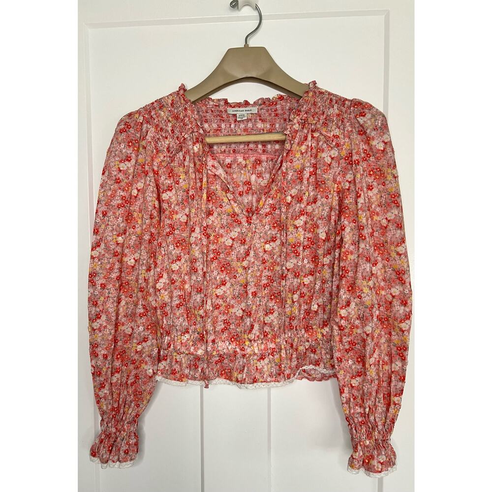 American Eagle Floral Top Shirt SMALL Long Sleeve Smocking Lace Detail - Picture 1 of 9
